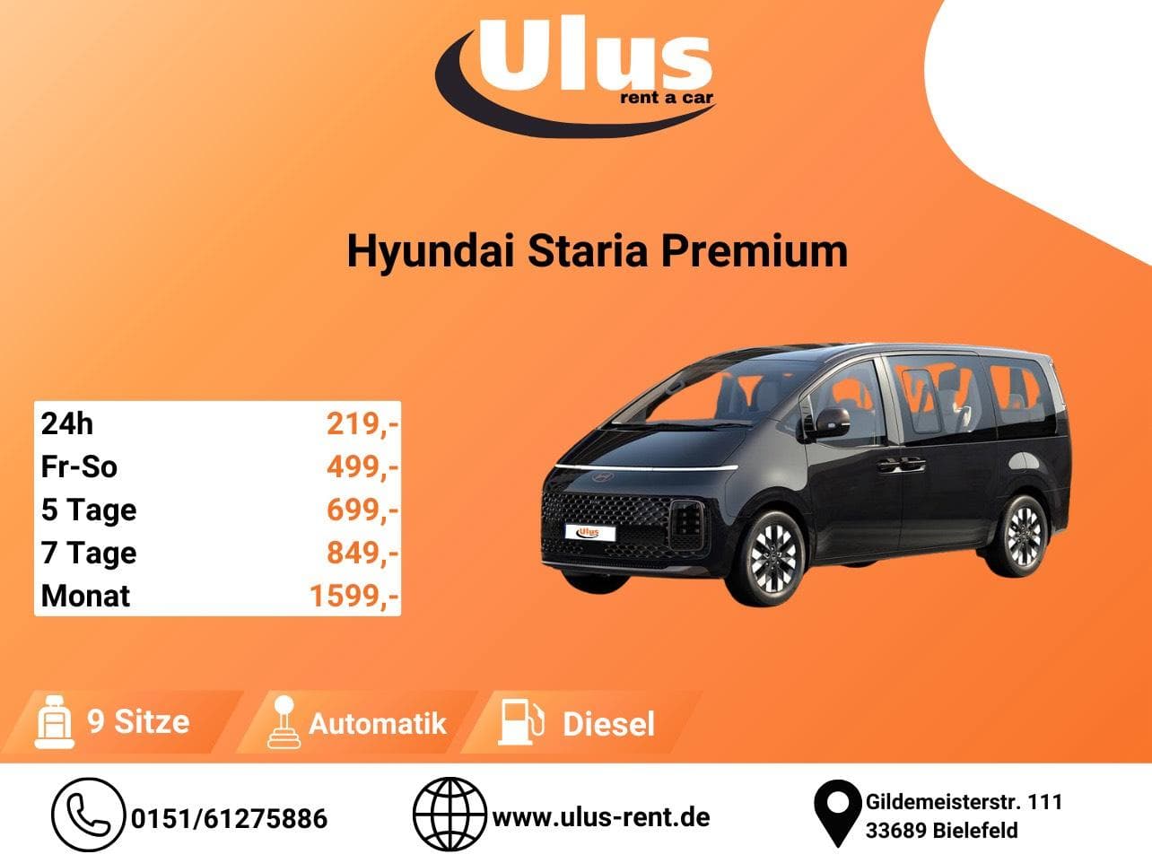 Hyundai Staria Automatik Diesel mieten, Autovermietung, Mietwagen, Langzeitmiete, Monatsmiete, 9-Sitzer mieten, Bus mieten